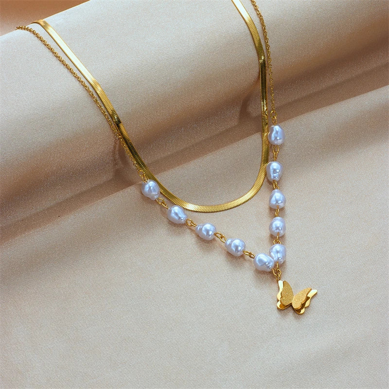 Pearl Butterfly Layered Necklace