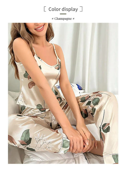 Leaf Print Satin Pajama Set
