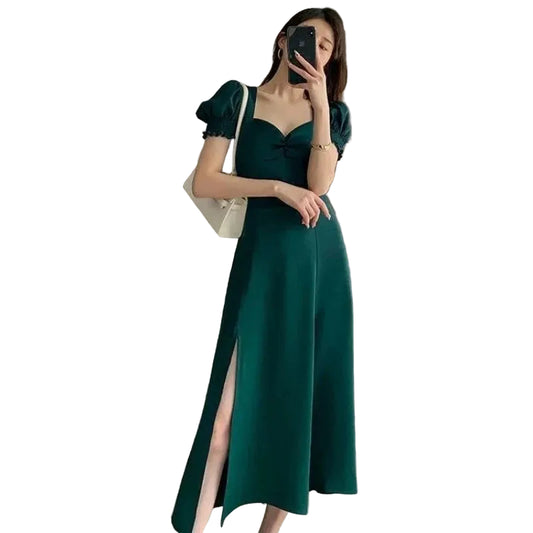 V-Neck Puff Sleeve A-Line Dress