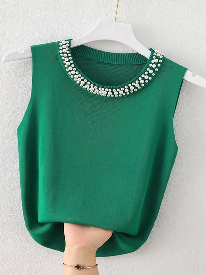 Korea Knitted Beaded Tank Top