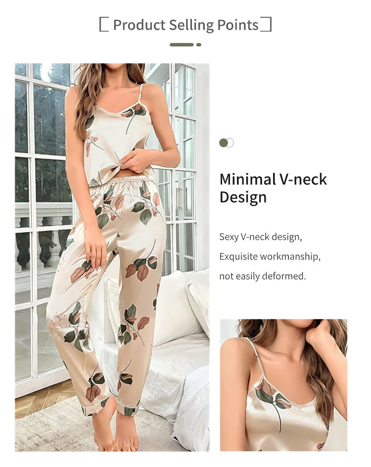 Leaf Print Satin Pajama Set