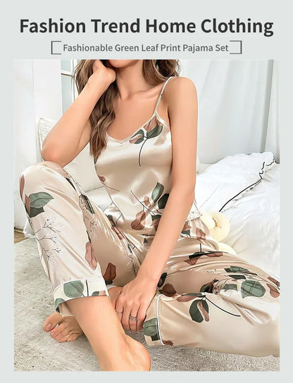 Leaf Print Satin Pajama Set
