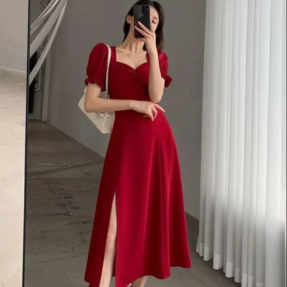 V-Neck Puff Sleeve A-Line Dress