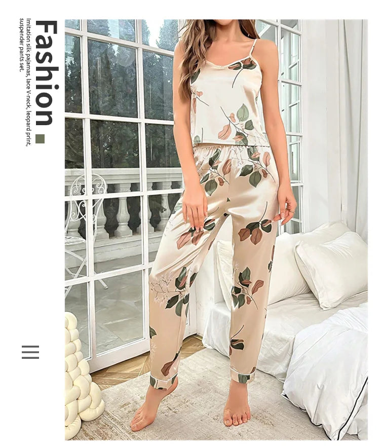 Leaf Print Satin Pajama Set