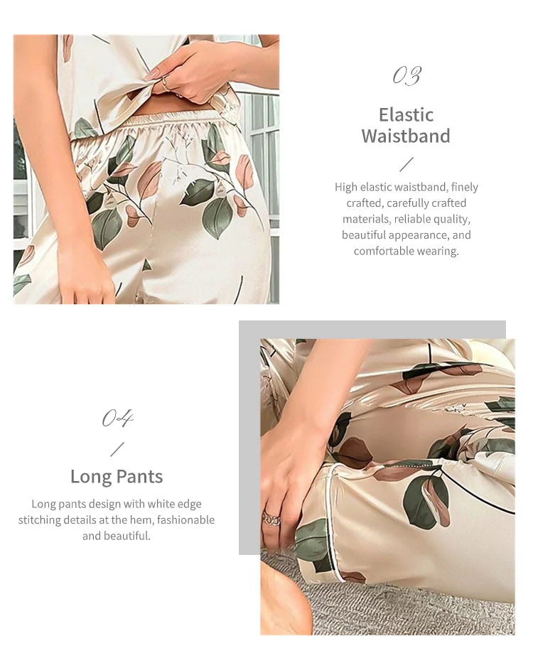 Leaf Print Satin Pajama Set
