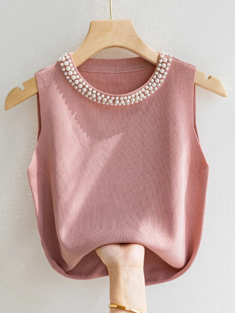 Korea Knitted Beaded Tank Top