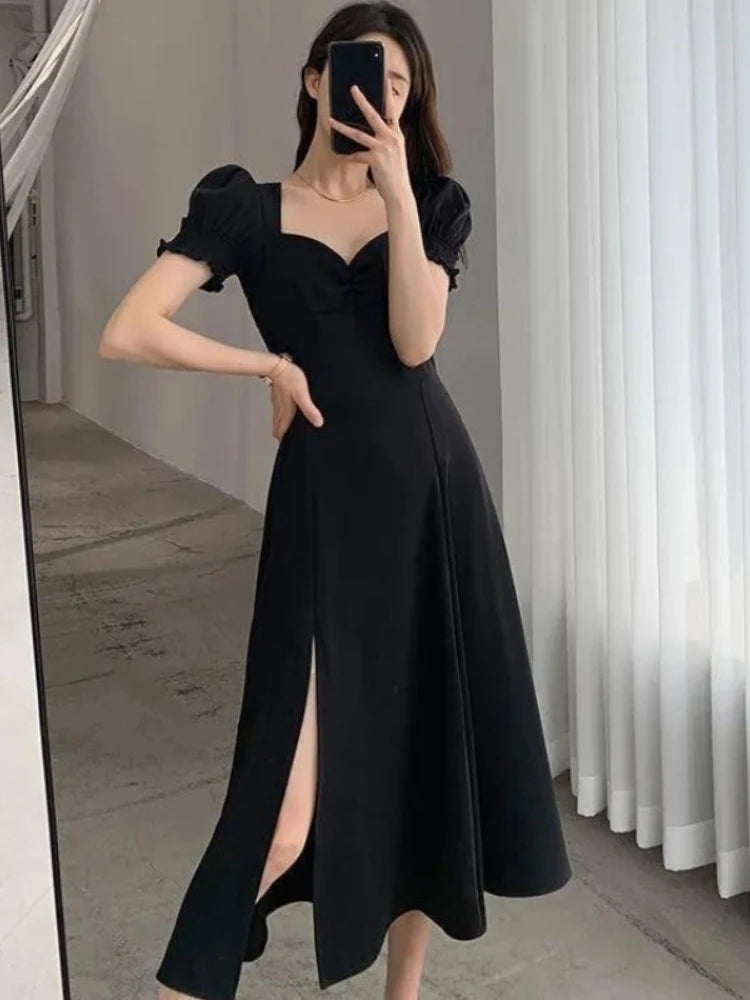 V-Neck Puff Sleeve A-Line Dress