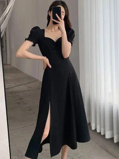 V-Neck Puff Sleeve A-Line Dress