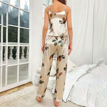 Leaf Print Satin Pajama Set