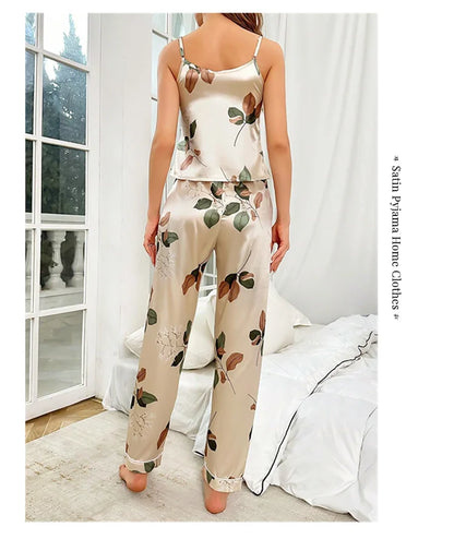 Leaf Print Satin Pajama Set