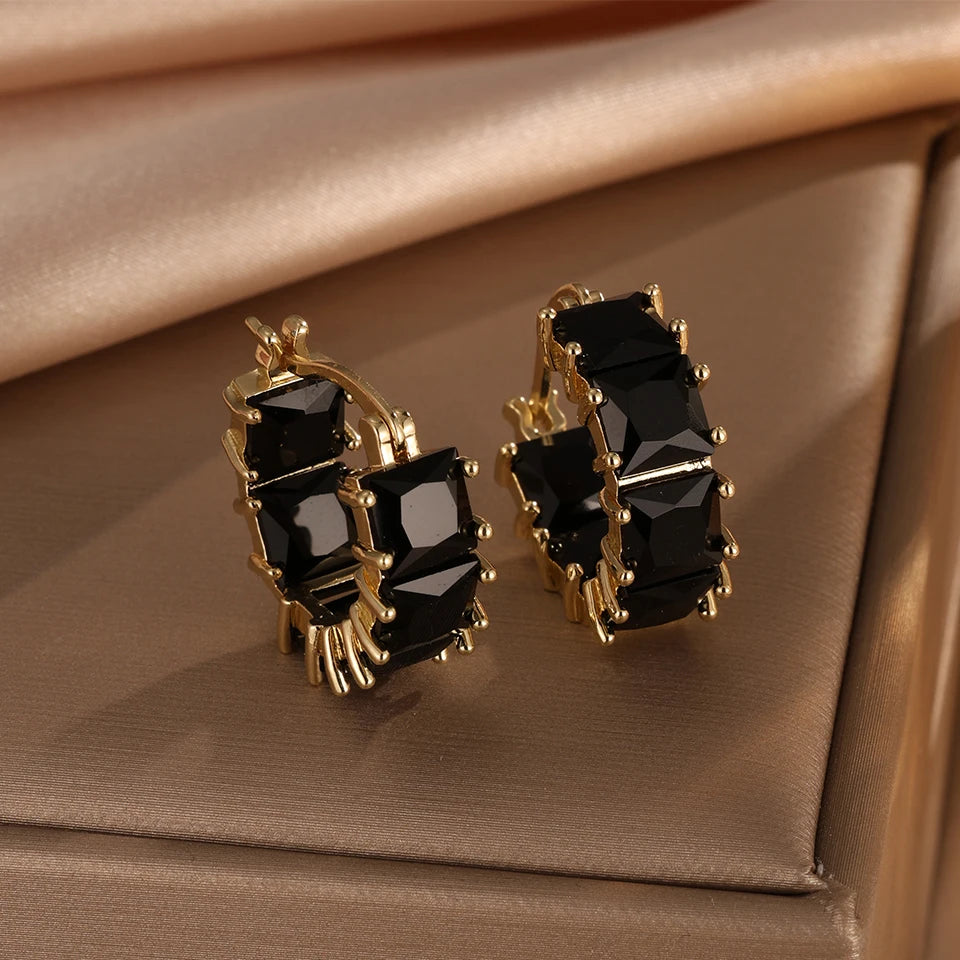 Vintage Black Crystal Hoop Earrings