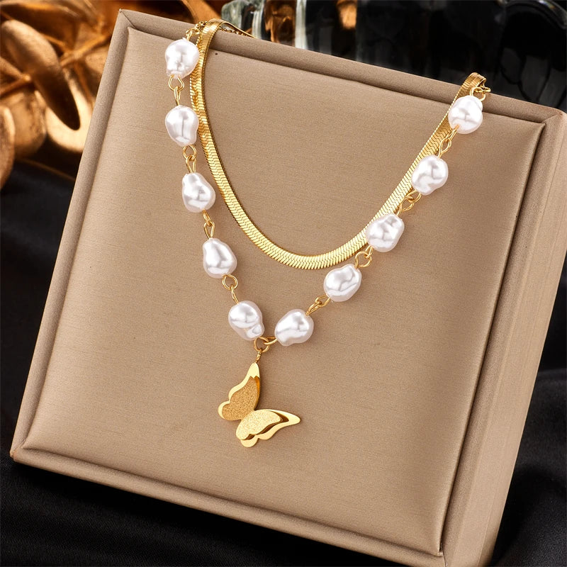 Pearl Butterfly Layered Necklace