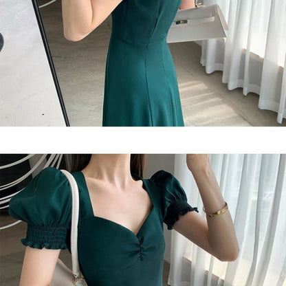 V-Neck Puff Sleeve A-Line Dress