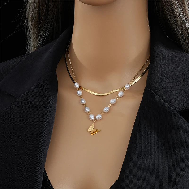 Pearl Butterfly Layered Necklace