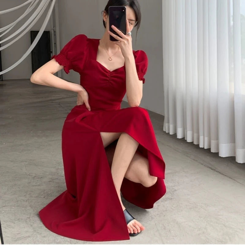 V-Neck Puff Sleeve A-Line Dress