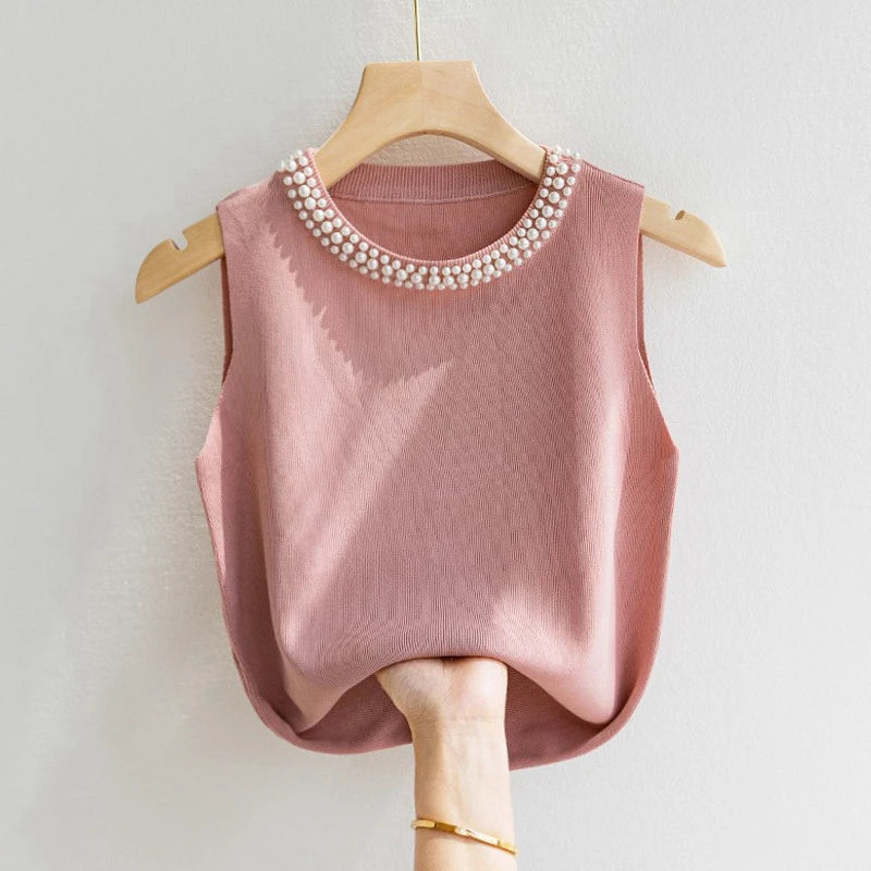 Korea Knitted Beaded Tank Top